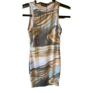 Pretty Little Thing Beige Marble Print Rib Racer Neck Dress - Sz 4